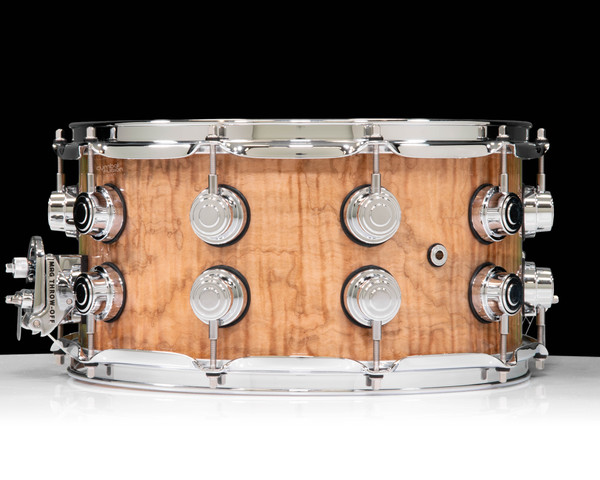DW Collector's Series 7x14 Snare Drum - Heartwood Curly, Natural High Gloss, Double Row Chrome Hardware - back view
