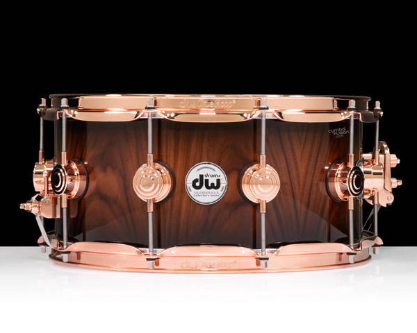 DW Collector's Series 6.5x14 Snare - Twisted Santos Rosewood, Nat to Candy Black Burst, Copper Hardware front view