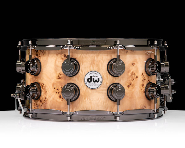 DW Collector's Series 7x14 Snare - Mapa Burl, Natural High Gloss, 2 row Black Nickel Hardware front view