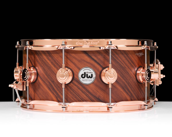 DW Collector's Series 7x14 Snare - Santos Rosewood, Natural Hard Satin Lacquer, 2 row Copper Hardware - front view