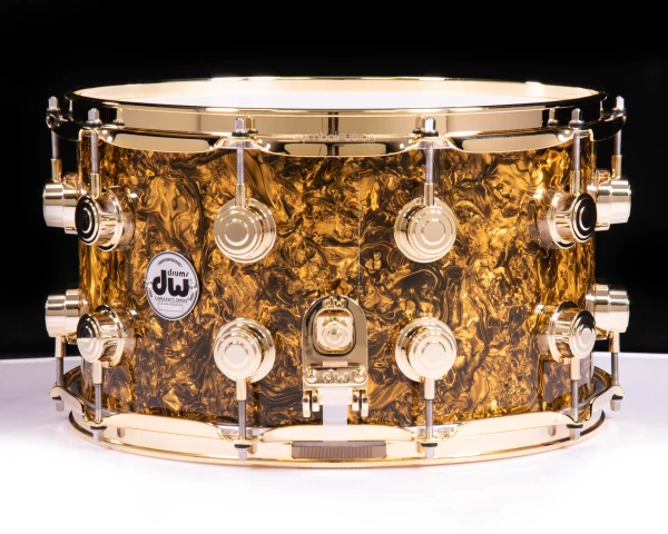DW Collector's Series SonicPly Maple 8x14 Snare Drum - Gold Abalone with Gold Hardware - SIDE VIEW