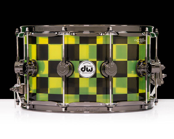 DW Collector's Acrylic 8x14 Snare -Blue and Black Checkers Custom Wrap - front  view