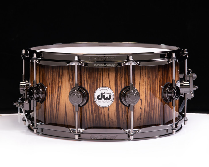 DW Collector's Series 6.5x14 Snare Exotic Quick Candy Burst over Zebra Wood 3/3/3 Shell with Black Nickel