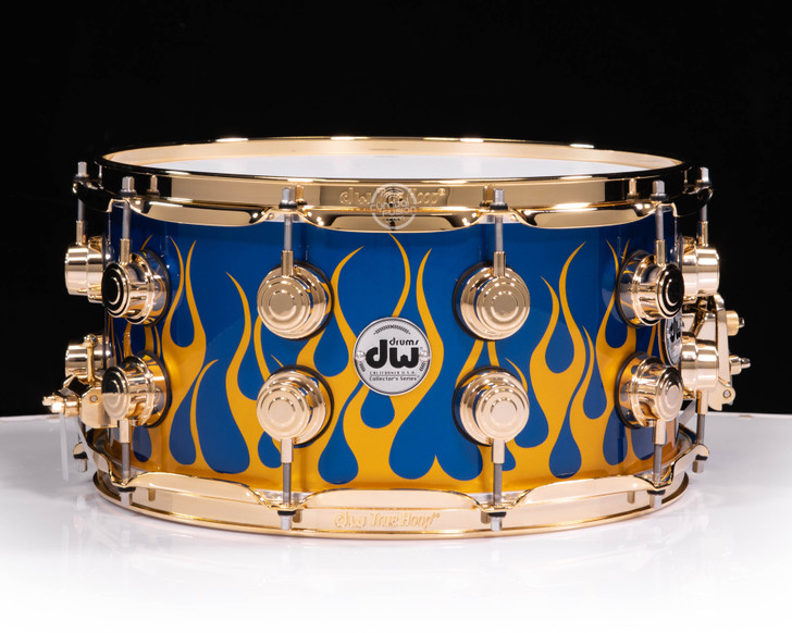 DW Collector's Purpleheart 7x14 Snare Drum - Gold Hot Rod Flames over Blue Anodized Stainless w/Gold Hardware