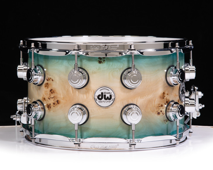 DW Collector's Series Mapa Burl Veneer 8x14 Snare Drum Sky Blue