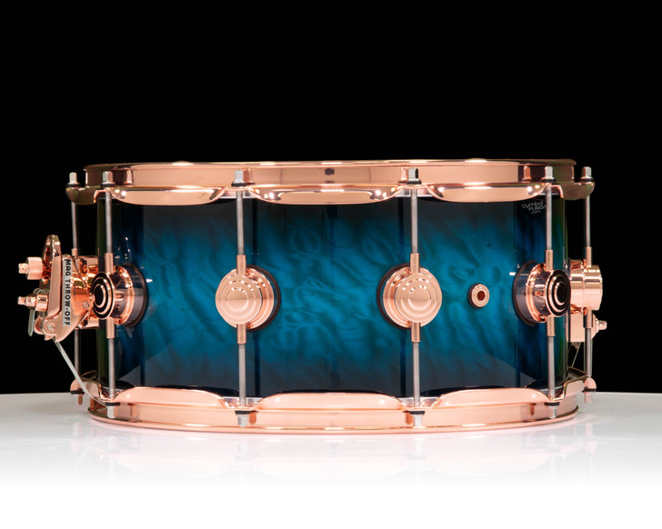 DW Collector's Series 6.5x14 Quilted Maple on 12ply VLT Shell with Copper Hardware - Transparent Regal to Black Burst back view