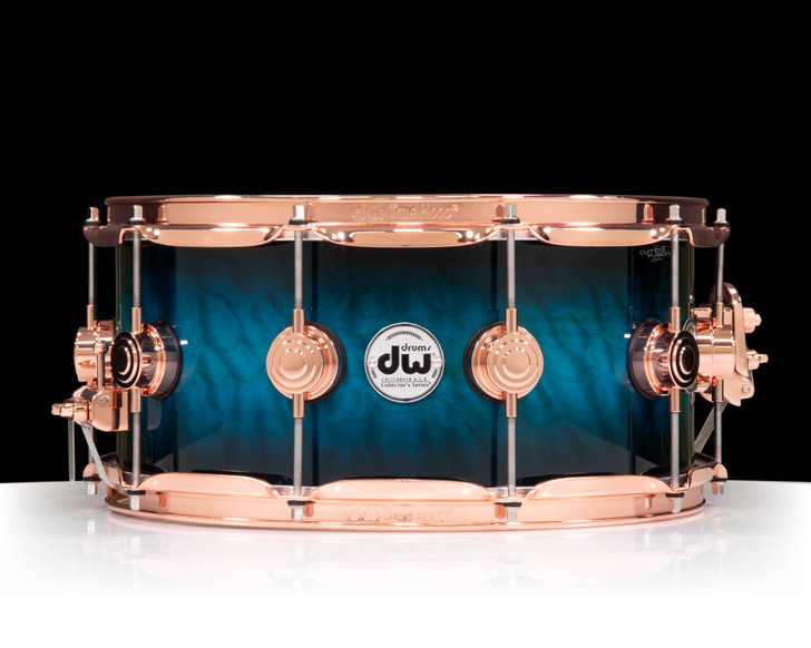 DW Collector's Series 6.5x14 Quilted Maple on 12ply VLT Shell with Copper Hardware - Transparent Regal to Black Burst
