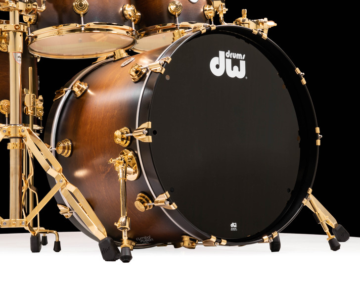 DW Collector's 5pc SSC Maple Kit - Honey to Ebony Satin Oil Burst with Gold kick view
