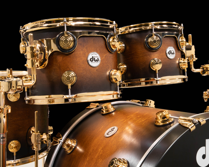 DW Collector's 5pc SSC Maple Kit - Honey to Ebony Satin Oil Burst with Gold tom view