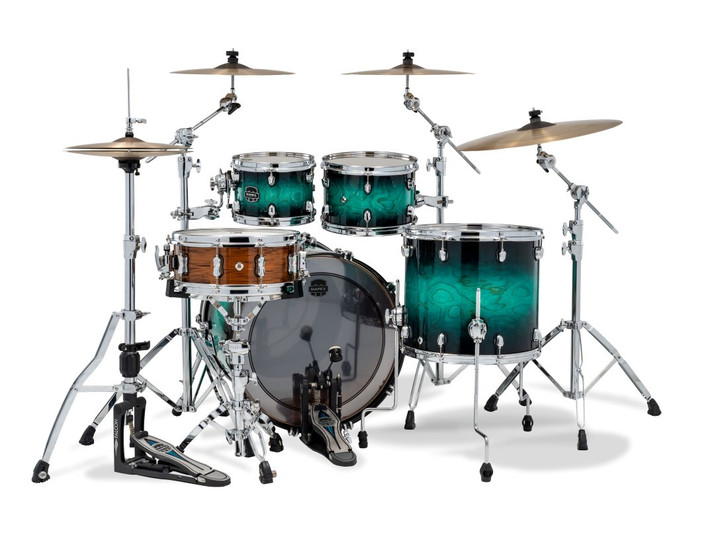Image is of drumkit shown from behind, drummers perspective.