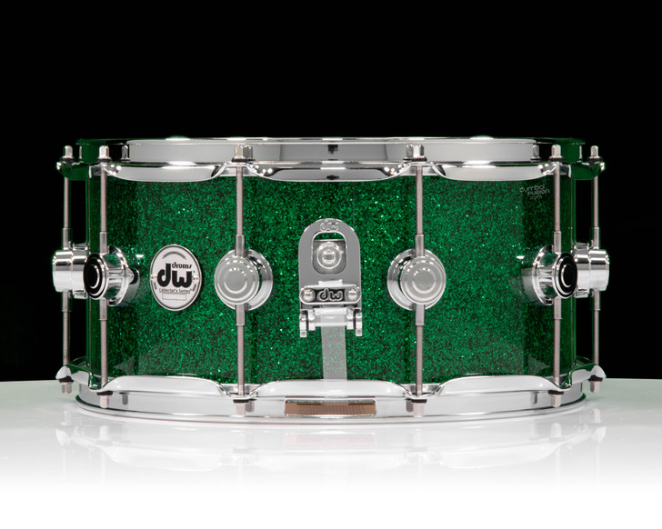 DW Collector’s Series 6.5x14 SSC Maple Snare Drum – Green Glass w/ Chrome Hardware side view