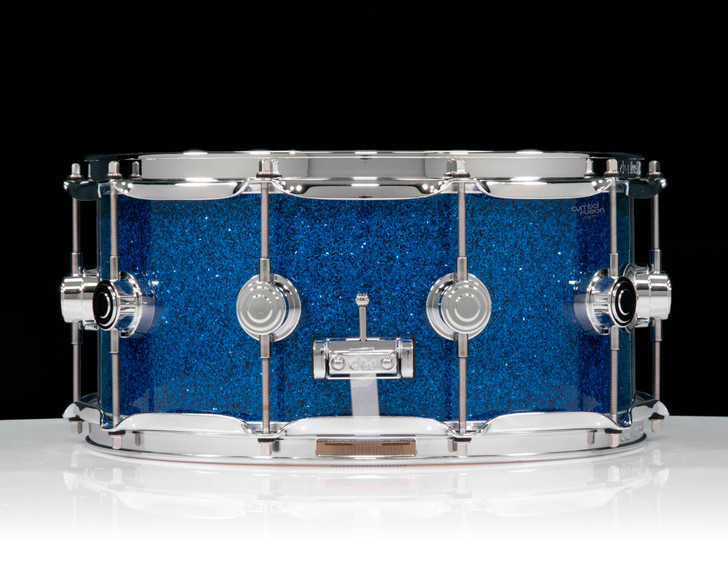 DW Collector’s Series 6.5x14 SSC Maple Snare Drum – Blue Glass w/ Chrome Hardware  side view