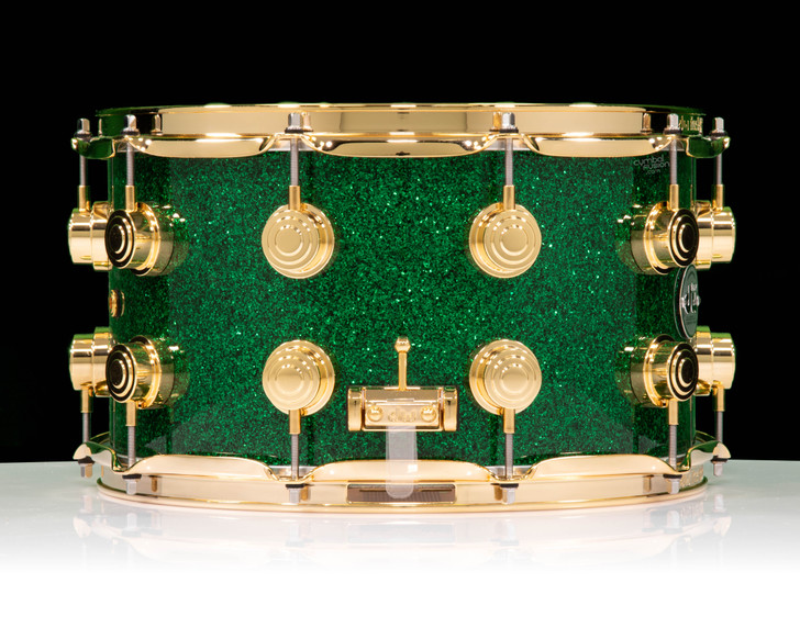 DW Collector’s Series 8x14 SSC Maple Snare Drum – Green Glass w/ Gold Hardware side view
