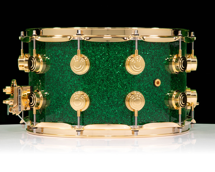 DW Collector’s Series 8x14 SSC Maple Snare Drum – Green Glass w/ Gold Hardware back view