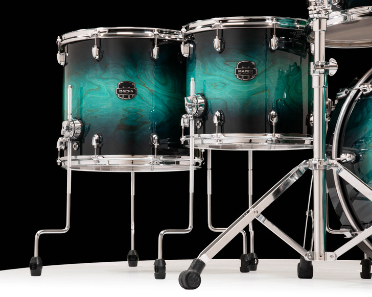Mapex Saturn VI 5pc Maple/Walnut Drum Kit – Marine Teal Burst Studioease 10/12/14/16/22 SR628XUZXT closeup floor toms