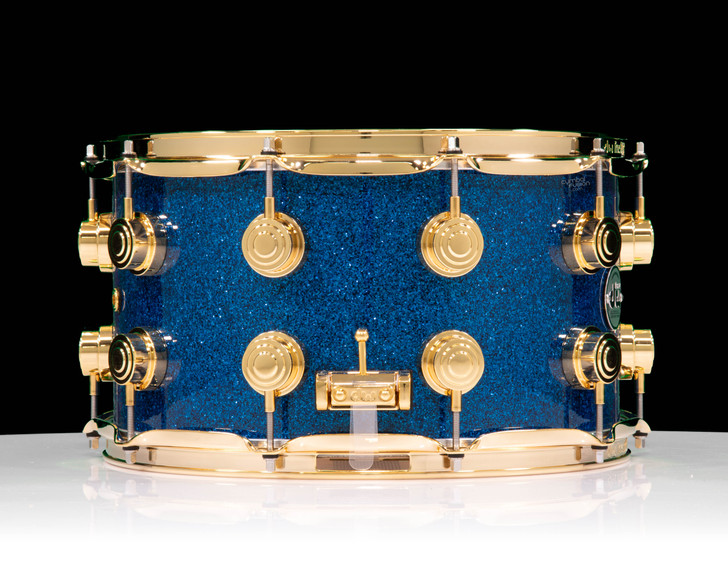 DW Collector’s Series 8x14 SSC Maple Snare Drum – Blue Glass w/ Gold Hardware side view