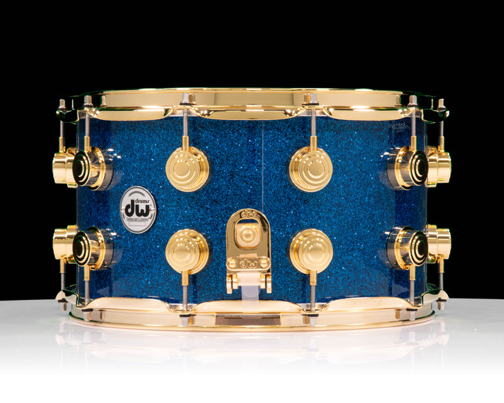 DW Collector’s Series 8x14 SSC Maple Snare Drum – Blue Glass w/ Gold Hardware side view