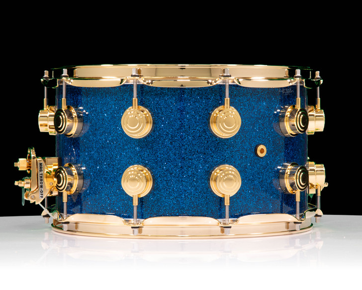 DW Collector’s Series 8x14 SSC Maple Snare Drum – Blue Glass w/ Gold Hardware back view