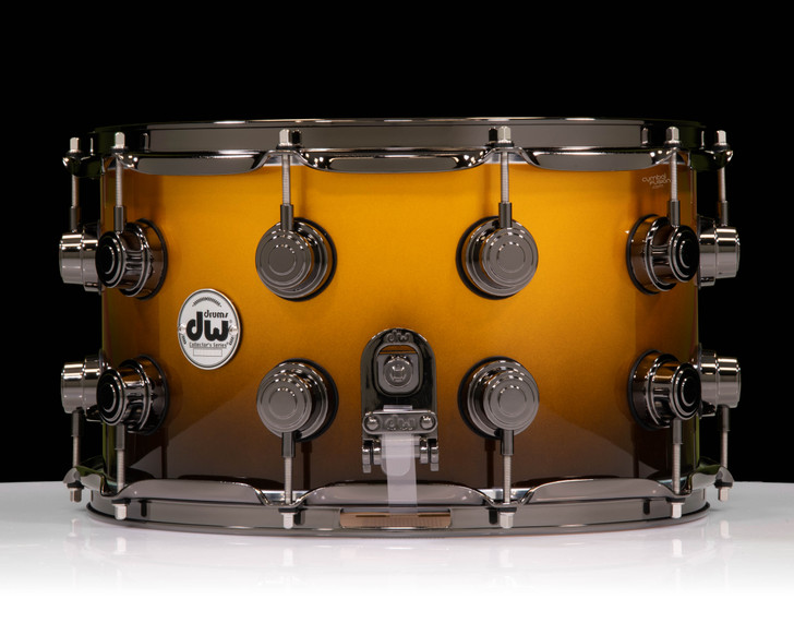 DW Collector's 8x14 SSC Maple Snare - Vegas Gold to Piano Black Fade w/Black Nickel side view
