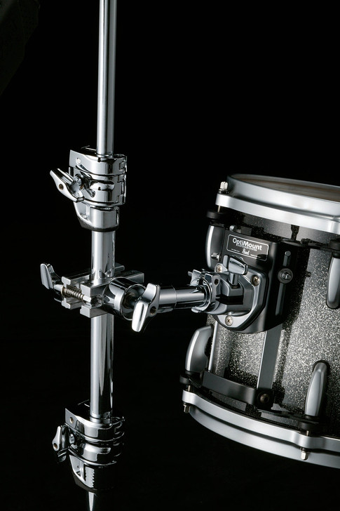 Image of Pearl universal clamp mounted on stand holding a tom