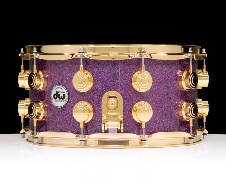 DW Collector's SSC Maple Snare Drum 7x14 Gold Double Row Lugs - Purple Drift side view