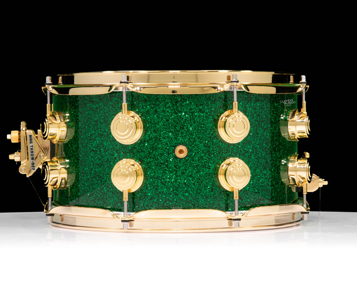 DW Collector's Series SSC Maple 7x13 Snare Drum - Green Glass with Gold Hardware back view