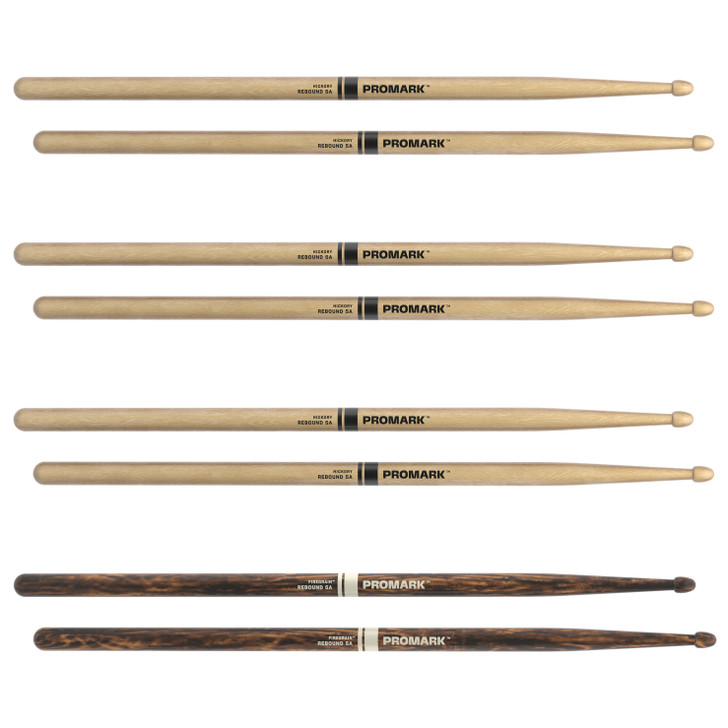 Promark Rebound 5A Hickory Drumstick, Acorn Wood Tip, FireGrain Bonus 4-Pack product image