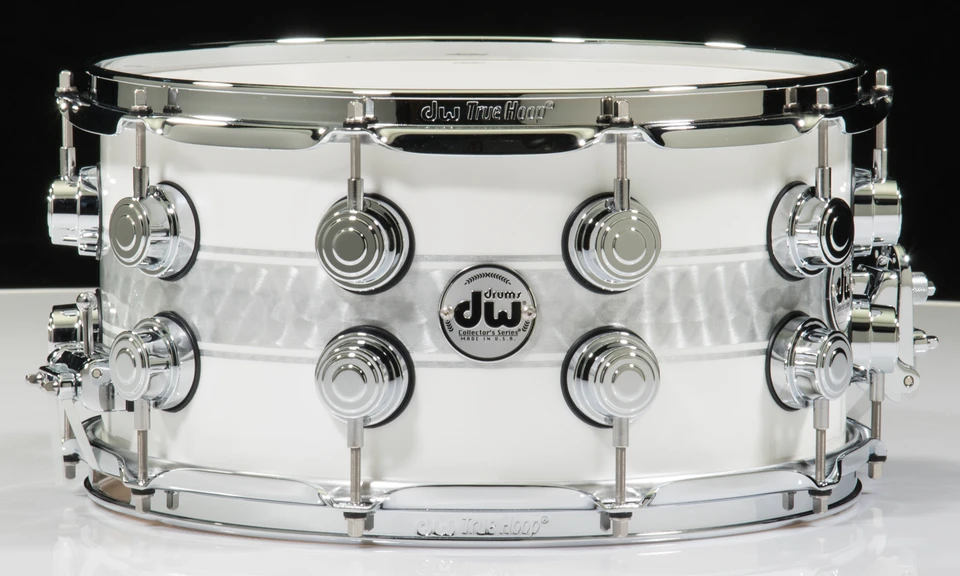 DW Collector's Series 7x14 White Lacquer Silver Foil Rally Stripe Snare