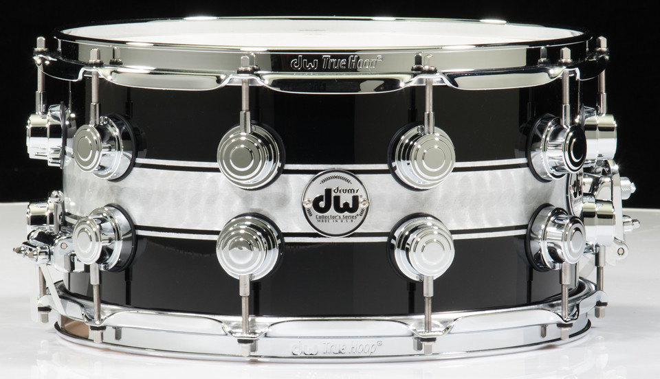 DW Collector's Series 7x14 Black Lacquer Silver Foil Rally Stripe Snare