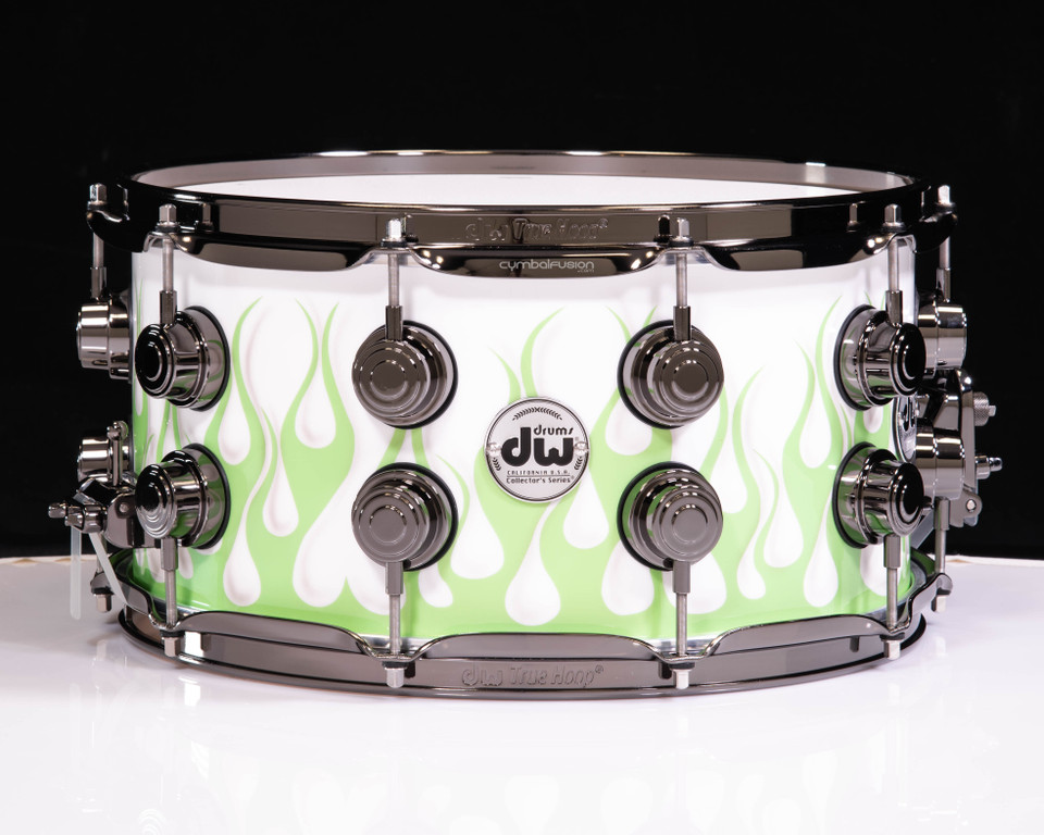 DW Collector's 7x14 Snare Tribal Lime Green Flames on Solid White