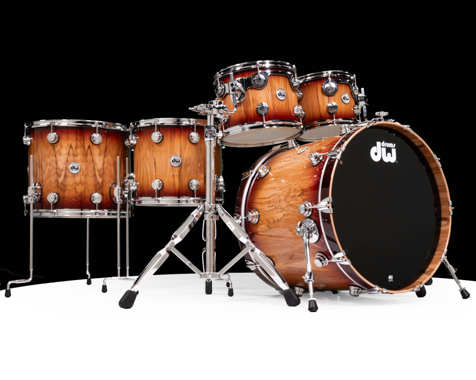 DW Collector's 5pc 333 Maple Kit - Red Burst over Vertical Olive Ash Burl