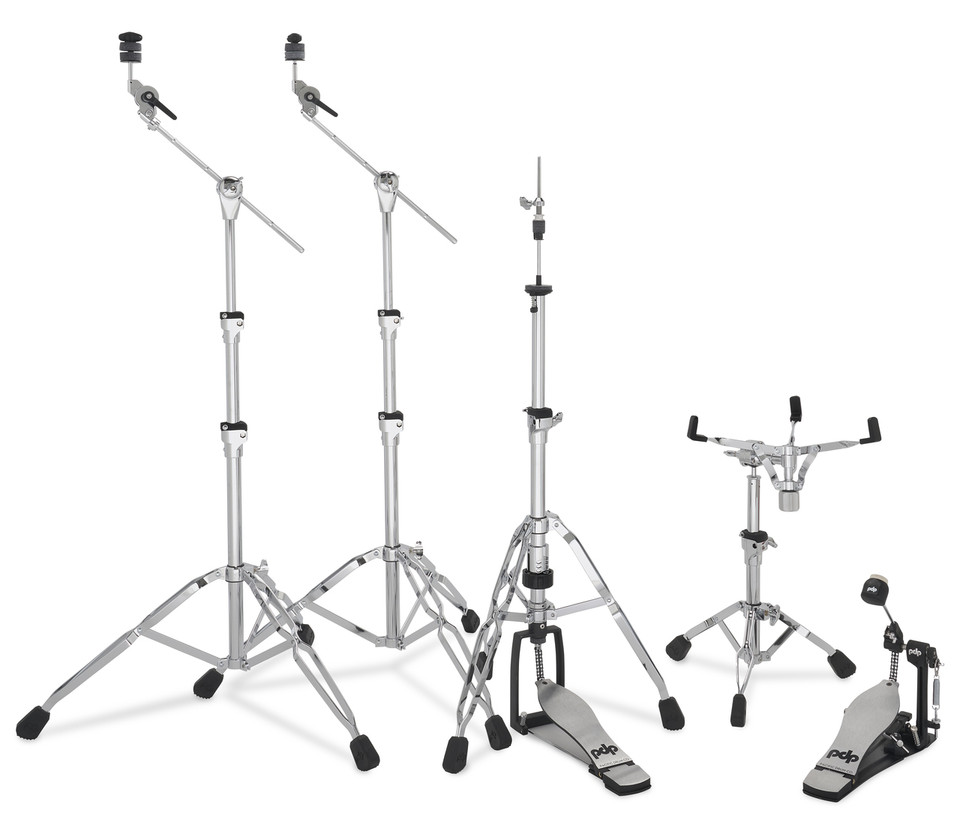 Concept Series 5 Piece Hardware Pack - all hardware on display, 2 boom/cymbal stands, hi-hat stand, snare stand, bass drum pedal