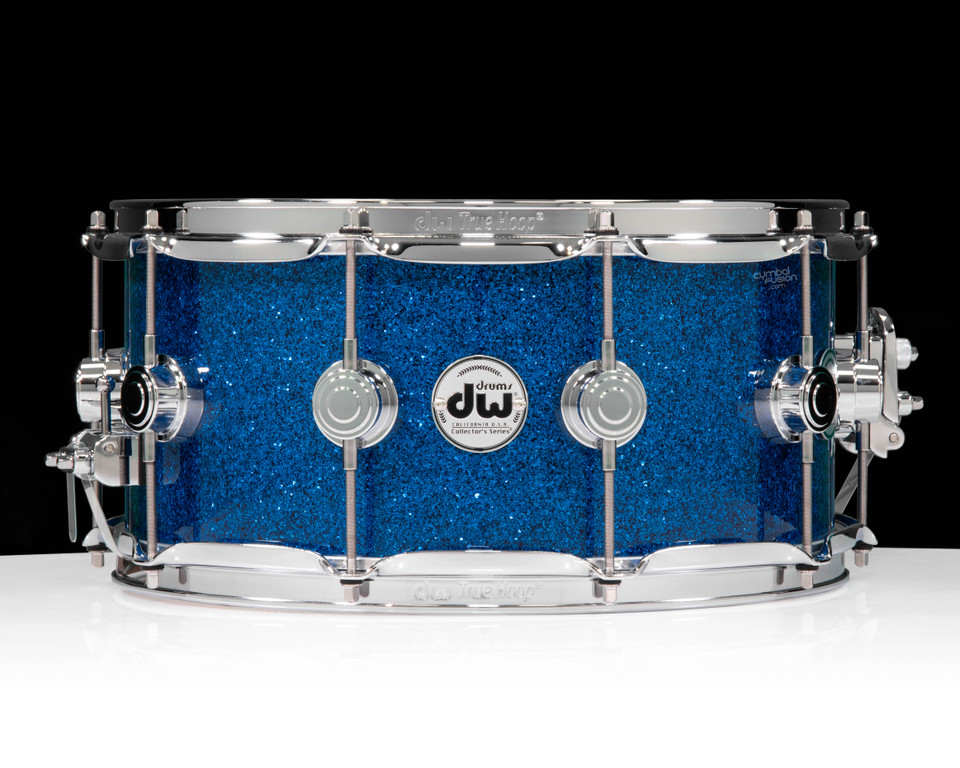 DW Collector’s Series 6.5x14 SSC Maple Snare Drum – Blue Glass w/ Chrome Hardware front view