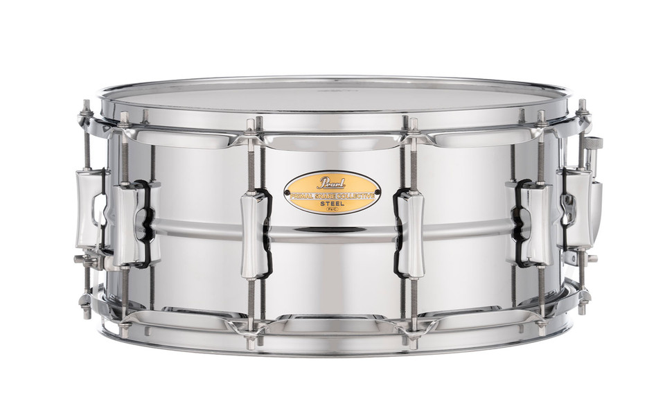 Pearl Primal Collective 14x6.5 Steel Snare facing forward