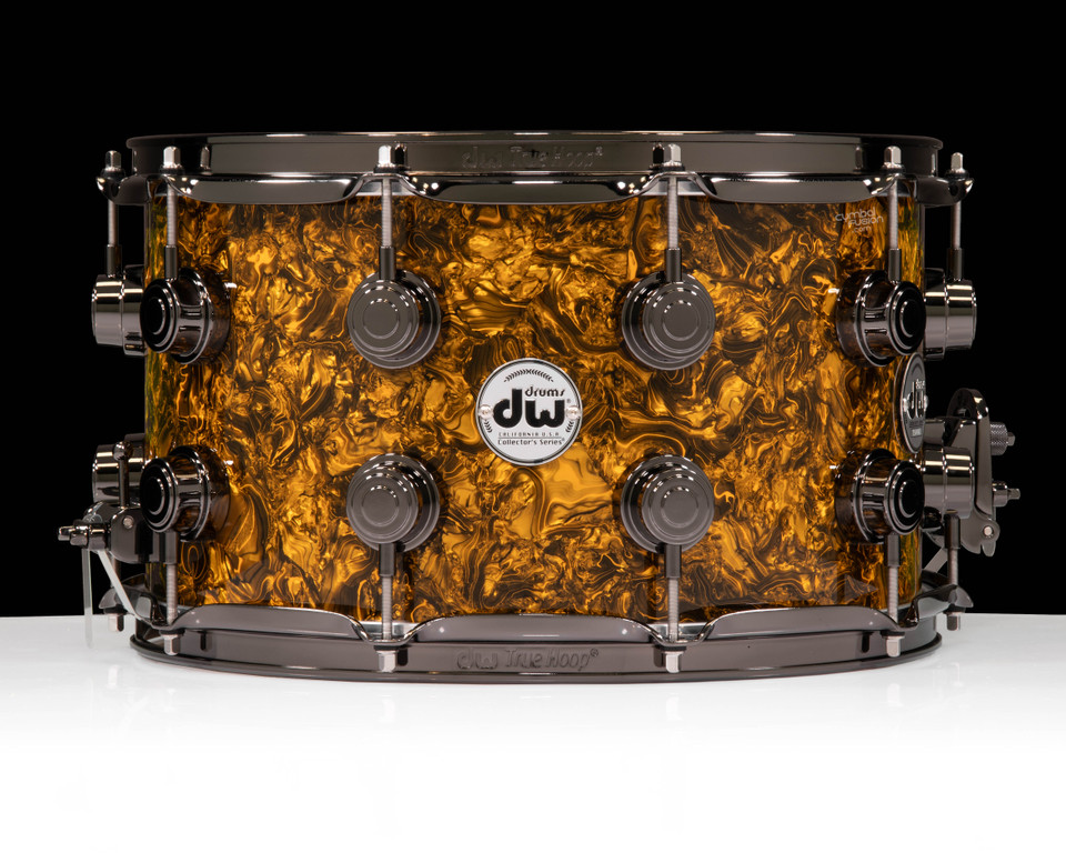 DW Collector's Series SSC Maple Snare Drums Gold Abalone 8x14 Black Nickel front view