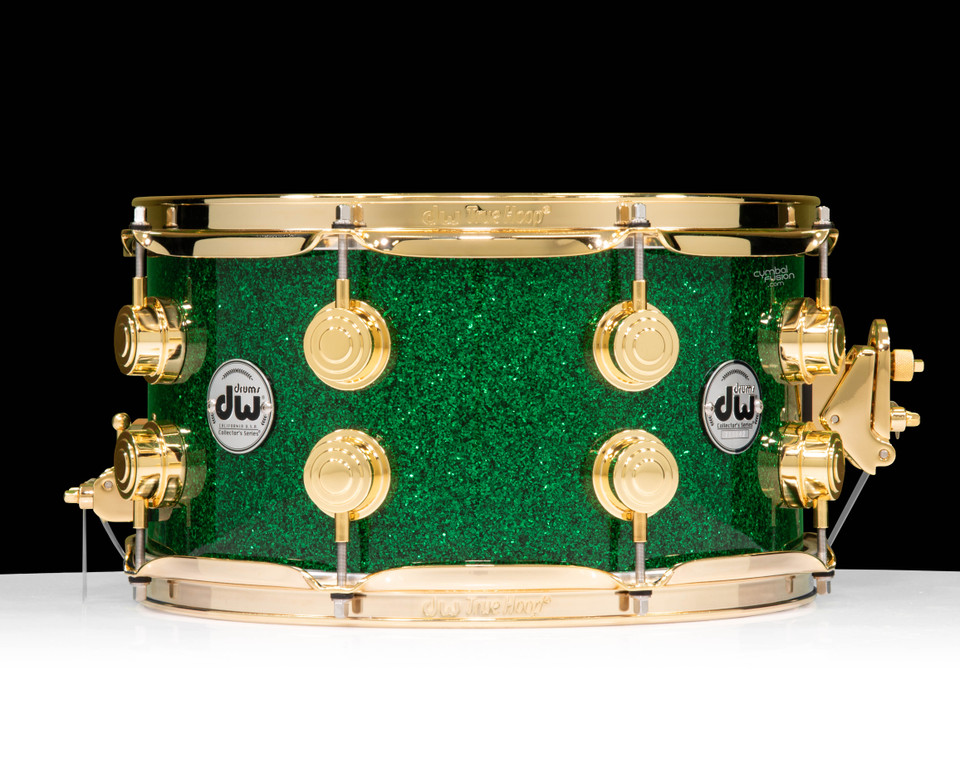 DW Collector's Series SSC Maple 7x13 Snare Drum - Green Glass with Gold Hardware front view