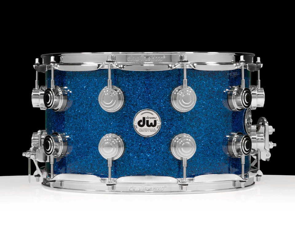 DW Collector's Series SSC Maple Snare Drums Blue Glass 8x14 Chrome front view