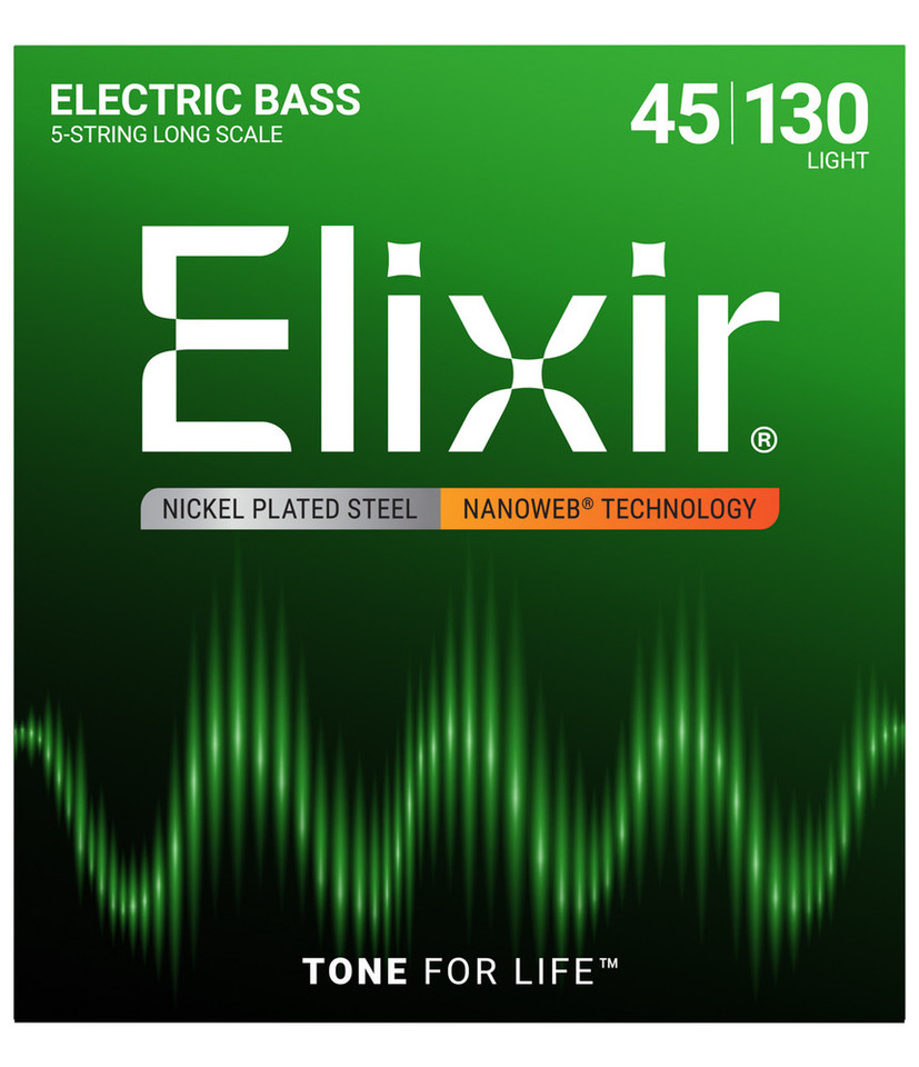 Elixir 14202 Nickel-Plated Steel Electric Bass Strings with NANOWEB Coating, 5-String Light Long Scale 45-130 front package image