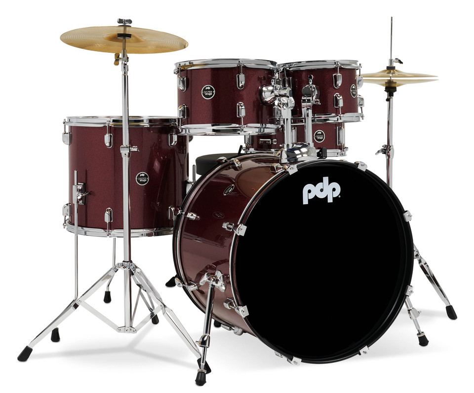 PDP Center Stage Ruby Red Sparkle 5pc Kit 7x10, 8x12, 14x16F, 16x22, 5x14 Snare. Hardware, Cymbals & Throne Included product image