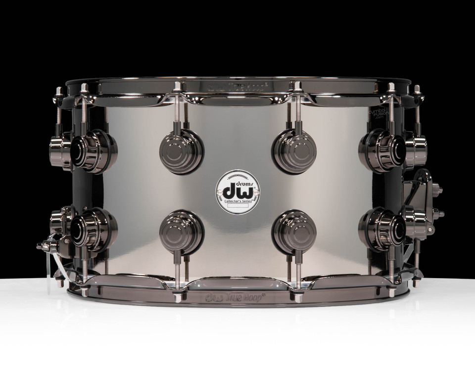 DW Collector's Series 8x14 Nickel Over Brass Snare Drum, Black Nickel Hardware - front view