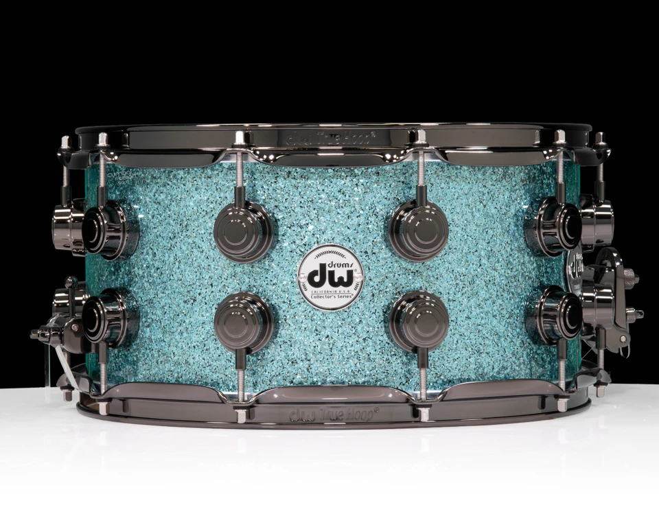 DW Collector's 7x14 SSC Maple Snare Drum - Aqua Glass w/Black Nickel - front view