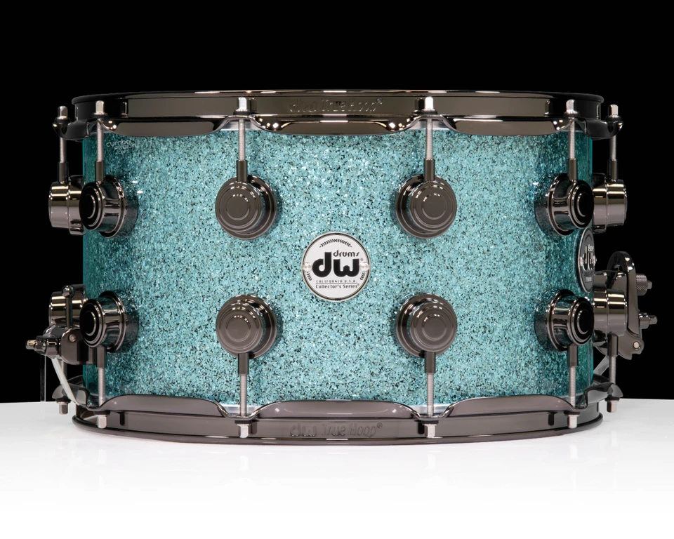 DW Collector’s Series SSC Maple 14x8 Snare Drum - Aqua Glass / Black Nickel - front view