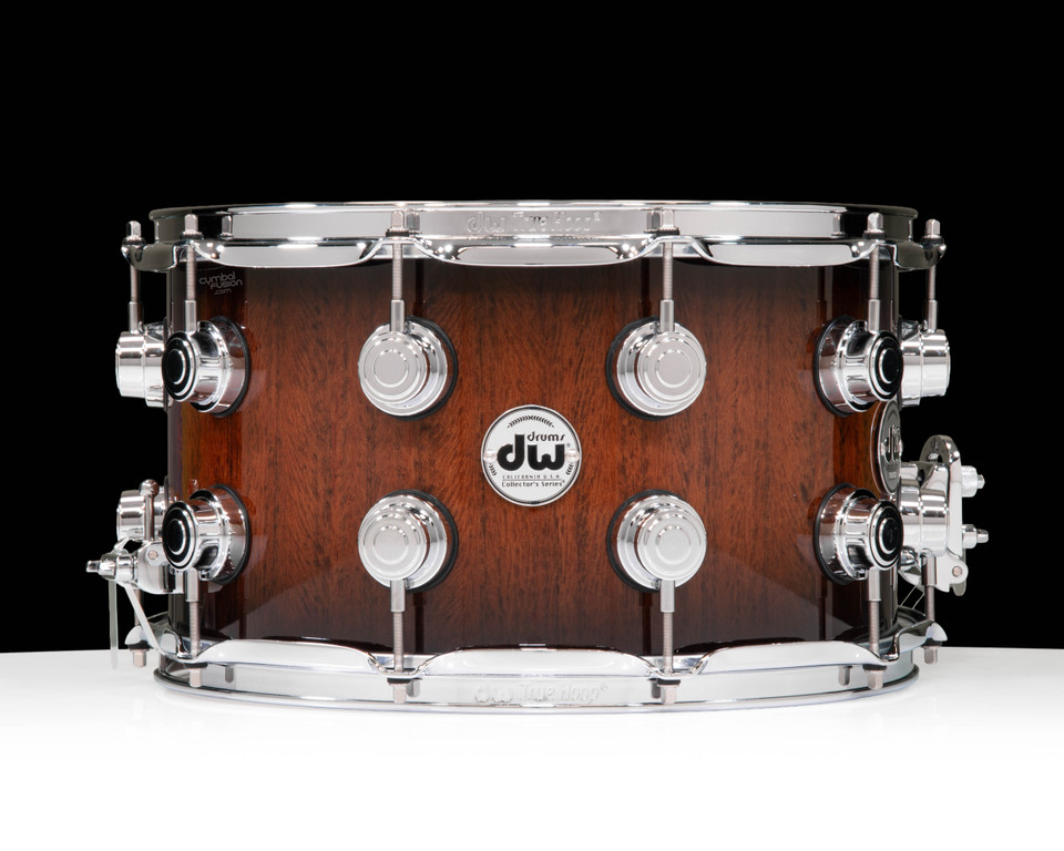 DW Collector's Series Walnut 8x14 Snare Drum - Red Tigerwood, Nat to Candy Black Burst, Chrome HW - front view