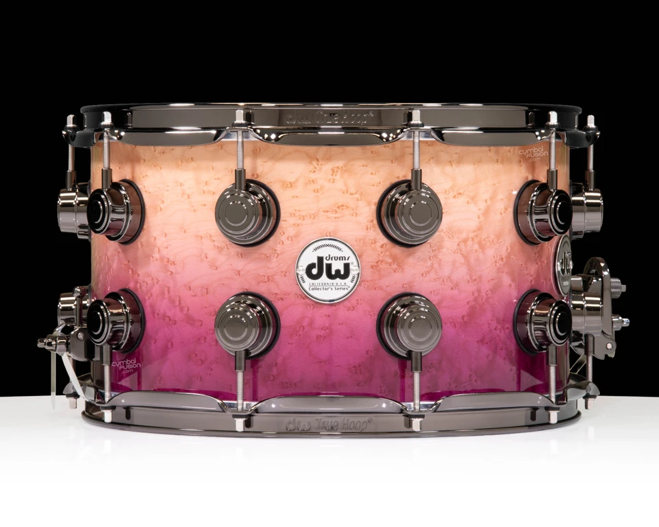 DW Collector's Series Exotic Birdseye Maple 8x14 Snare Drum - Natural To Purple Lacquer Fade w/Black Nickel HW - front view