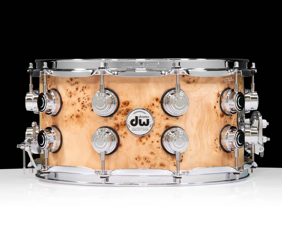 DW Collector's Series 7x14 Snare - Mapa Burl, Natural High Gloss, 2 row Chrome Hardware - front view