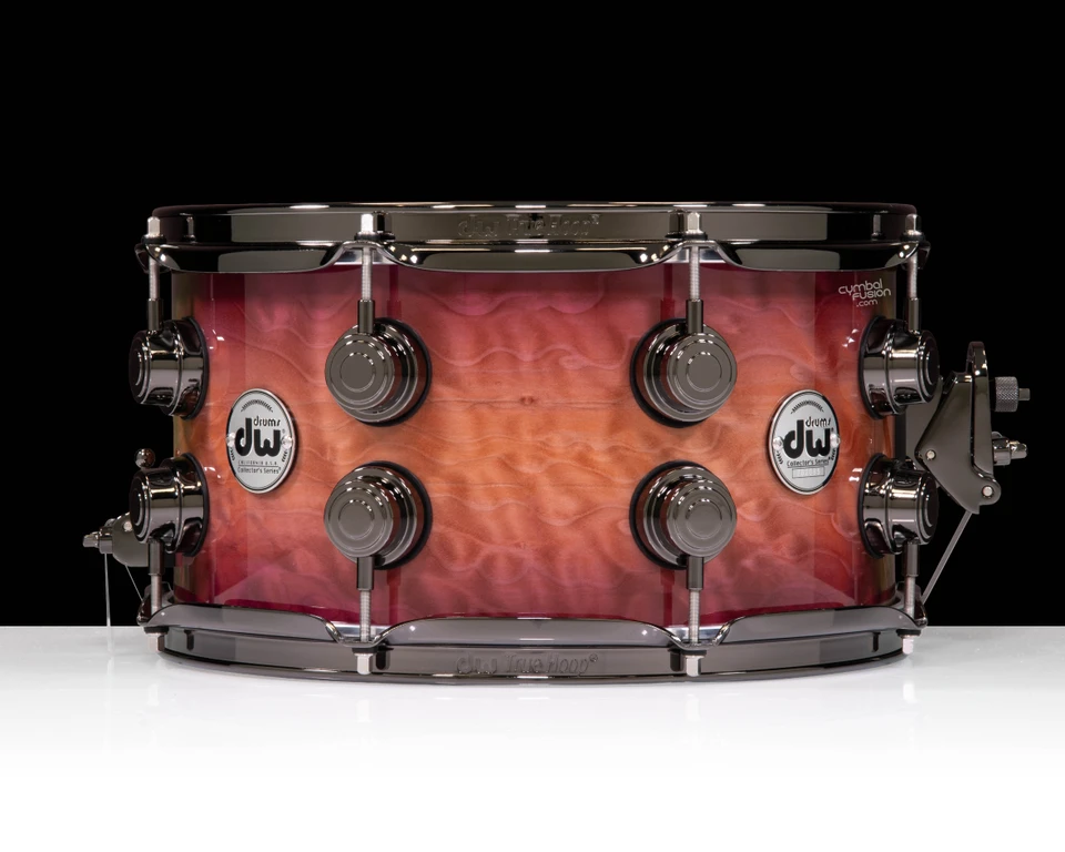 DW Collector's Series 7x13 Snare - Quilted Maple, Natural to Purple Burst, 2 row Black Nickel Hardware - front view