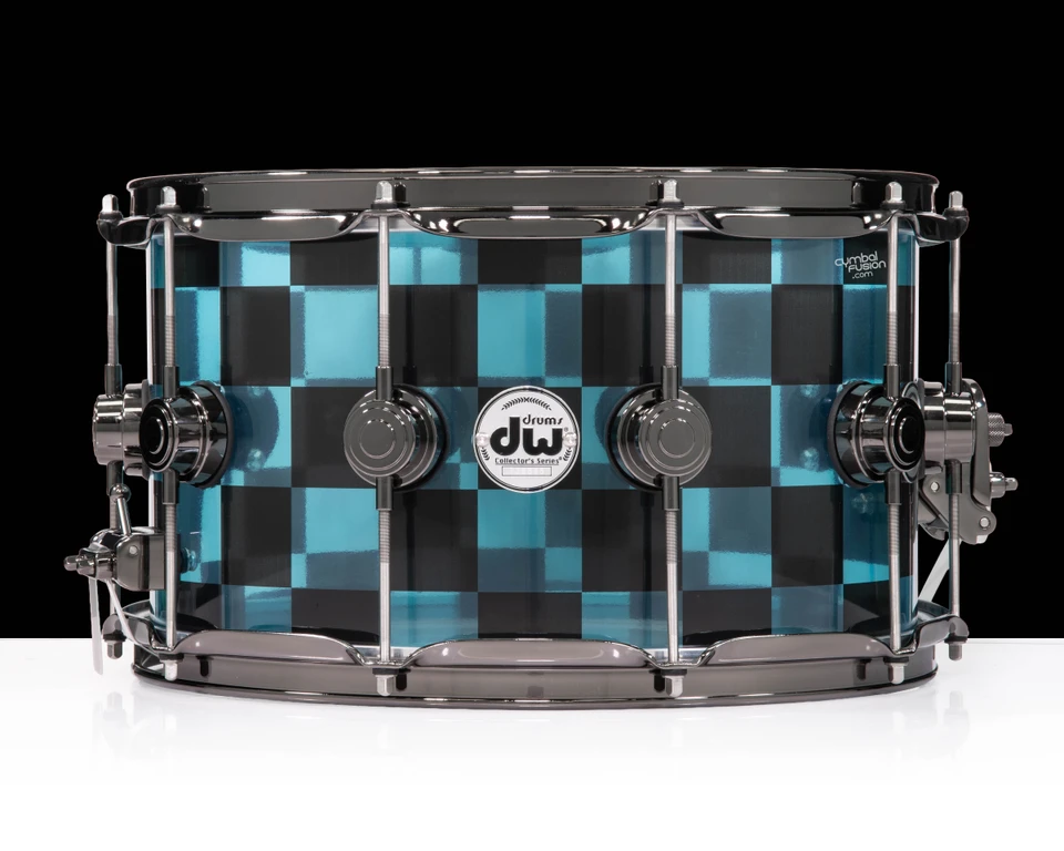 DW Collector's Acrylic 8x14 Snare -Blue and Black Checkers Custom Wrap - front view