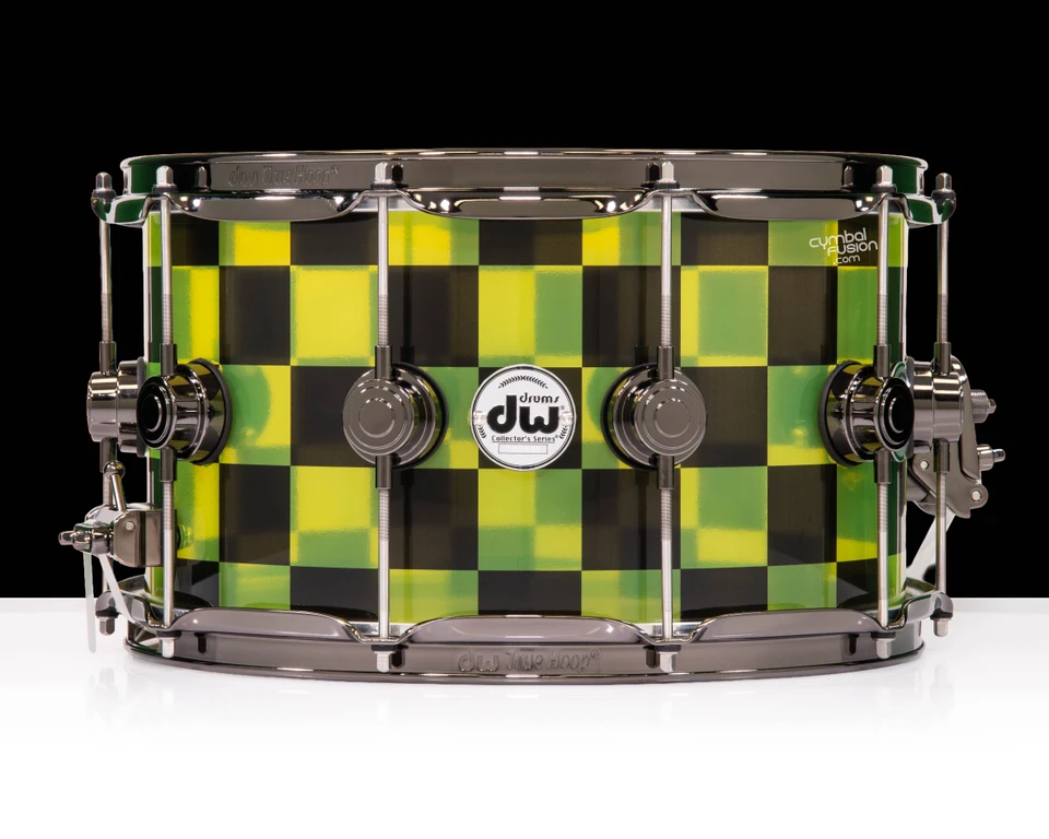 DW Collector's Acrylic 8x14 Snare -Blue and Black Checkers Custom Wrap - front  view