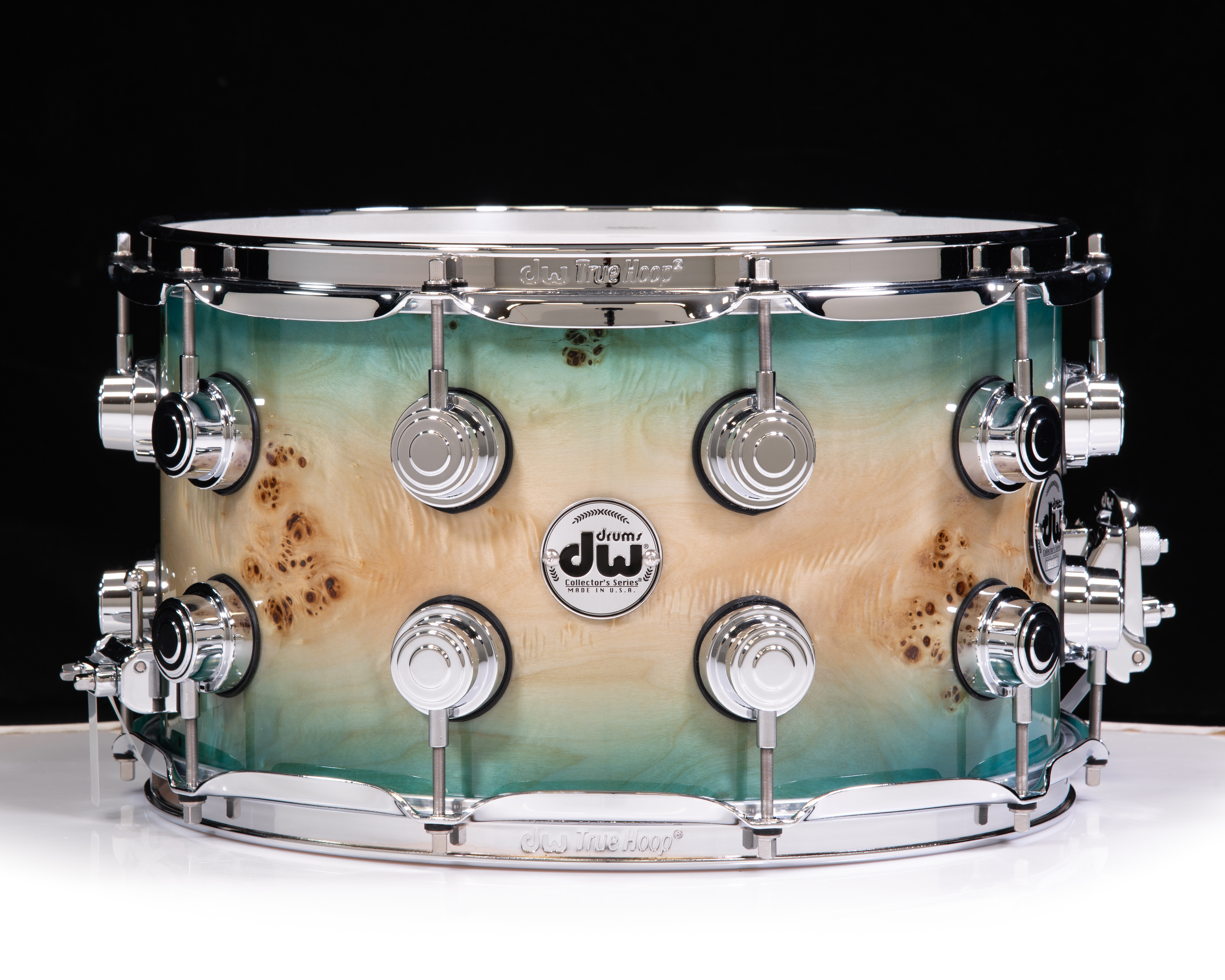 DW Collector's Series Mapa Burl Veneer 8x14 Snare Drum Sky Blue