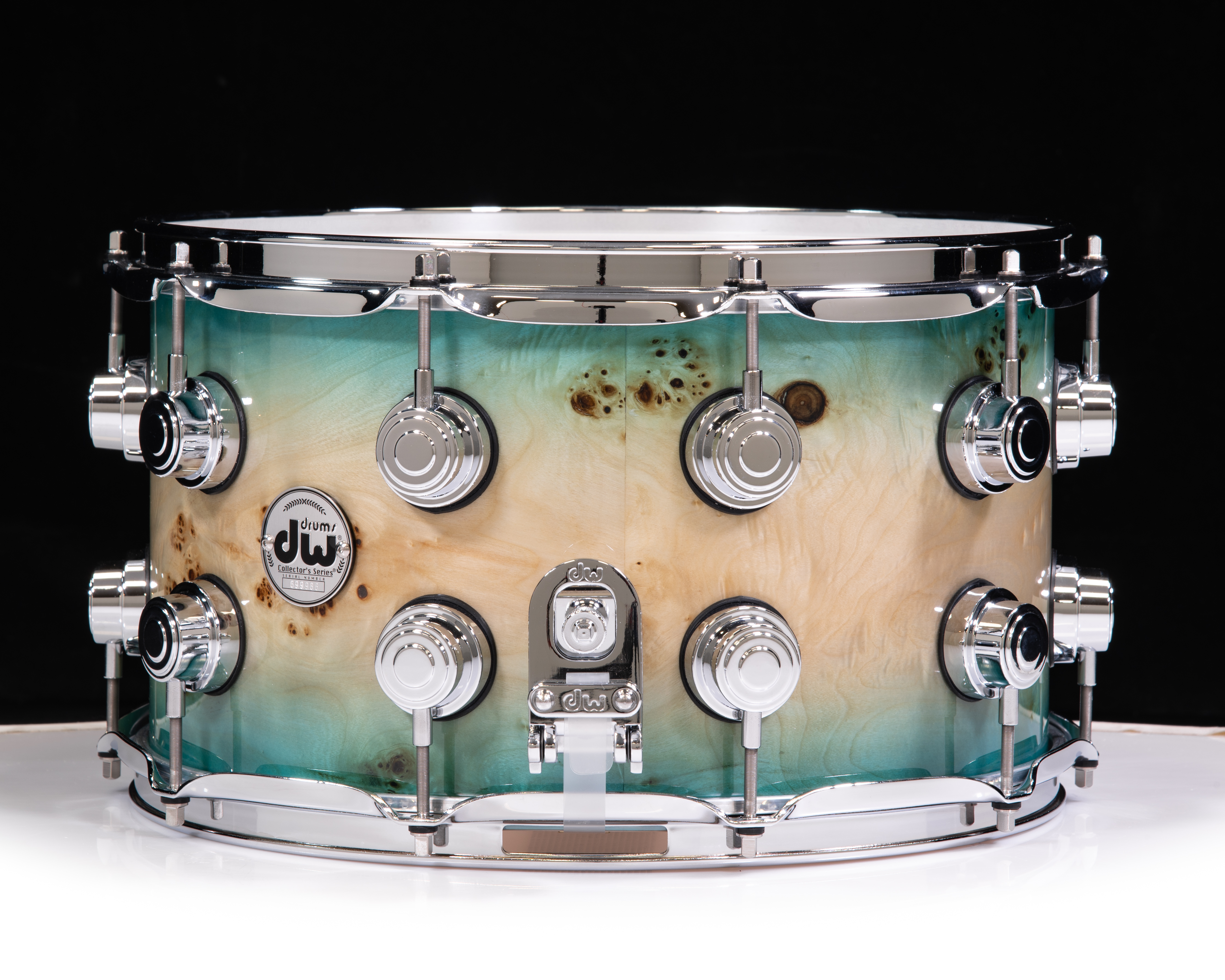 DW Collector's Series Mapa Burl Veneer 8x14 Snare Drum Sky Blue Burst with  Chrome Hardware - SSC Maple